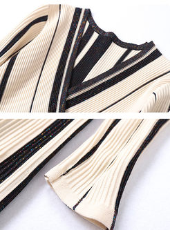 V-neck Striped Sweater A Line Dress