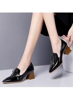 Pointed Head Chunky Heel Leather Shoes