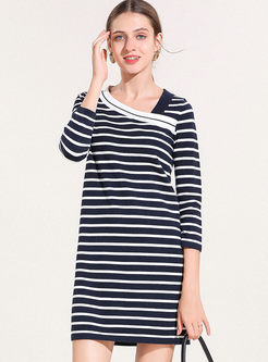 Asymmetric V-neck Striped Mini Sweater Dress
