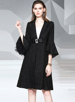 Flare Sleeve A Line Tweed Coat With Belt