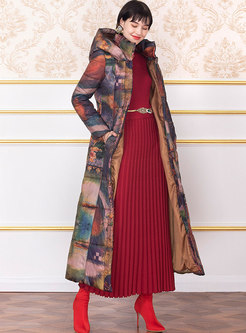 Hooded Print A Line Cotton Thick Long Coat