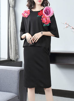 Black Embroidered Loose Slit Suit Dress