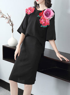 Black Embroidered Loose Slit Suit Dress