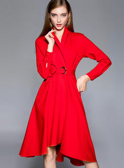 Red Notched A Line Dress With Belt