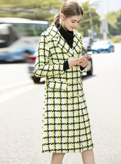 Notched Plaid Color-blocked Slim Peacoat