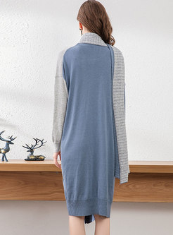 Patchwork Irregular Loose Sweater Dress With Scarf