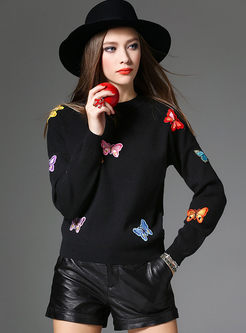 Crew Neck Butterfly Embroidered Pullover Sweater