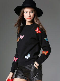 Crew Neck Butterfly Embroidered Pullover Sweater