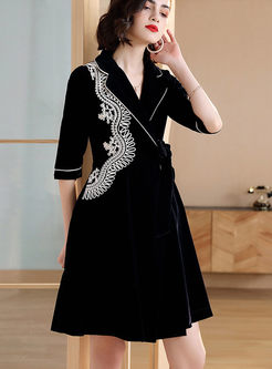 Black Notched Embroidered A Line Coat Dress