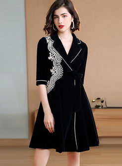 Black Notched Embroidered A Line Coat Dress