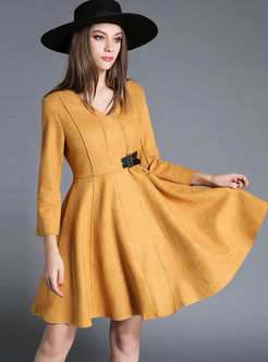 V-neck Long Sleeve A Line Coat Dress
