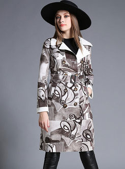 Notched Long Sleeve Print Suede Trench Coat