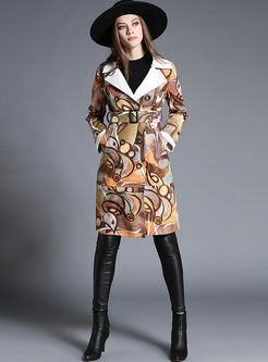 Notched Long Sleeve Print Suede Trench Coat