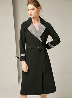 Black Long Sleeve Plaid A Line Trench Coat