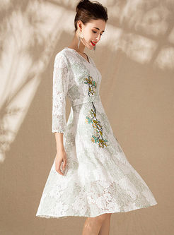 V-neck Embroidered Lace A Line Dress