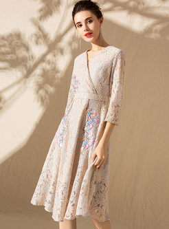 V-neck Embroidered Lace A Line Dress