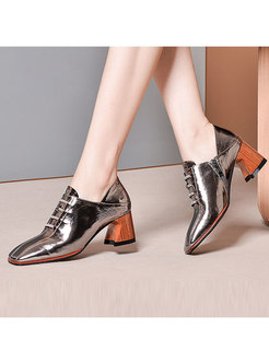 Thick Heel Square Head Bandage Leather Shoes 