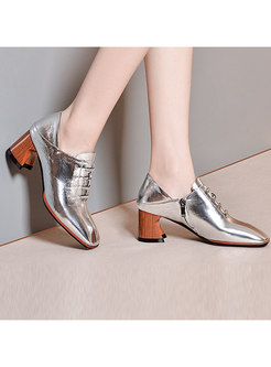 Thick Heel Square Head Bandage Leather Shoes 