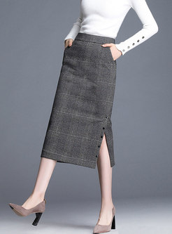 High Waisted Plaid Split Skirt