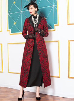 Lapel Print Long Trench Coat With Belt