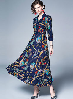 V-neck Long Sleeve Print Maxi Dress