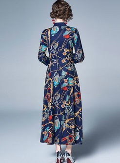 V-neck Long Sleeve Print Maxi Dress