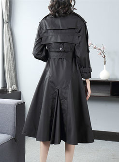 Black Notched A Line Knee-length Trench Coat
