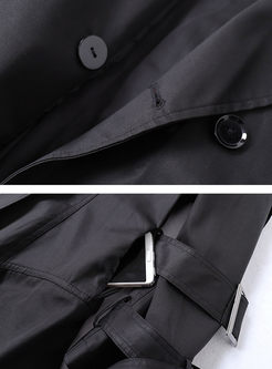 Black Notched A Line Knee-length Trench Coat