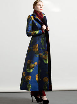Notched Long Sleeve Print A Line Trench Coat