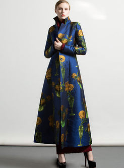 Notched Long Sleeve Print A Line Trench Coat