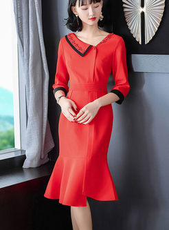 Red V-neck Bodycon Peplum Dress