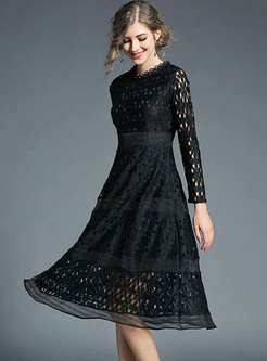 Long Sleeve Lace Patchwork A Line Dress