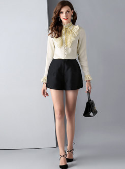 Mock Neck Ruffle Bowknot Buttoned Blouse
