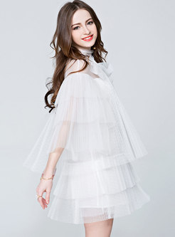 Sweet Mesh Standing Collar High Waist Lace Cake Dress