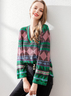 V-neck Long Sleeve Pullover Print Sweater