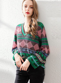 V-neck Long Sleeve Pullover Print Sweater