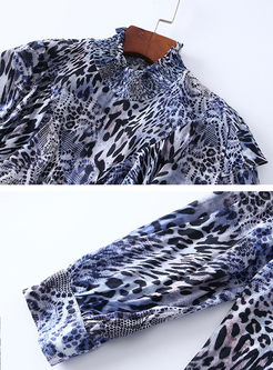 Leopard Mock Neck Falbala Silk Blouse