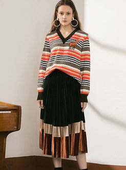 V-neck Striped Pullover Pleated Suit Dress