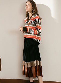 V-neck Striped Pullover Pleated Suit Dress
