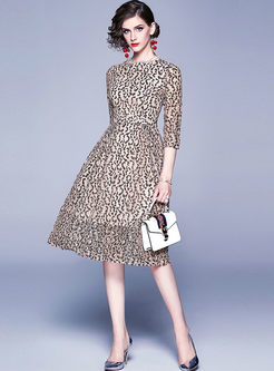Crew Neck Leopard Print Lace A Line Dress