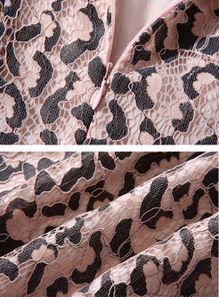 Crew Neck Leopard Print Lace A Line Dress