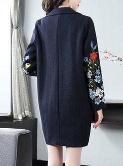 Notched Embroidered Loose Wool Blend Coat