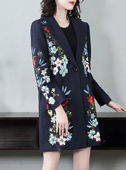 Notched Embroidered Loose Wool Blend Coat
