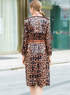 Notched Leopard A Line Leather Trench Coat