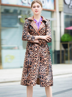 Notched Leopard A Line Leather Trench Coat