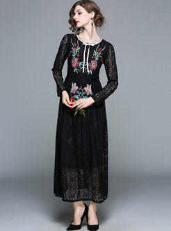 Black Crew Neck Embroidered Lace Maxi Dress