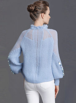 Mock Neck Lantern Sleeve Patchwork Sweater