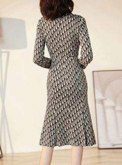 V-neck Long Sleeve Print Bodycon Peplum Dress