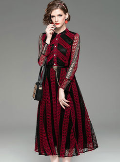 Color-blocked Striped Openwork Lace Dress