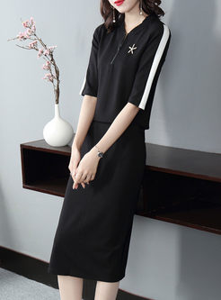 V-neck Half Sleeve Slim Midi Suit Dress